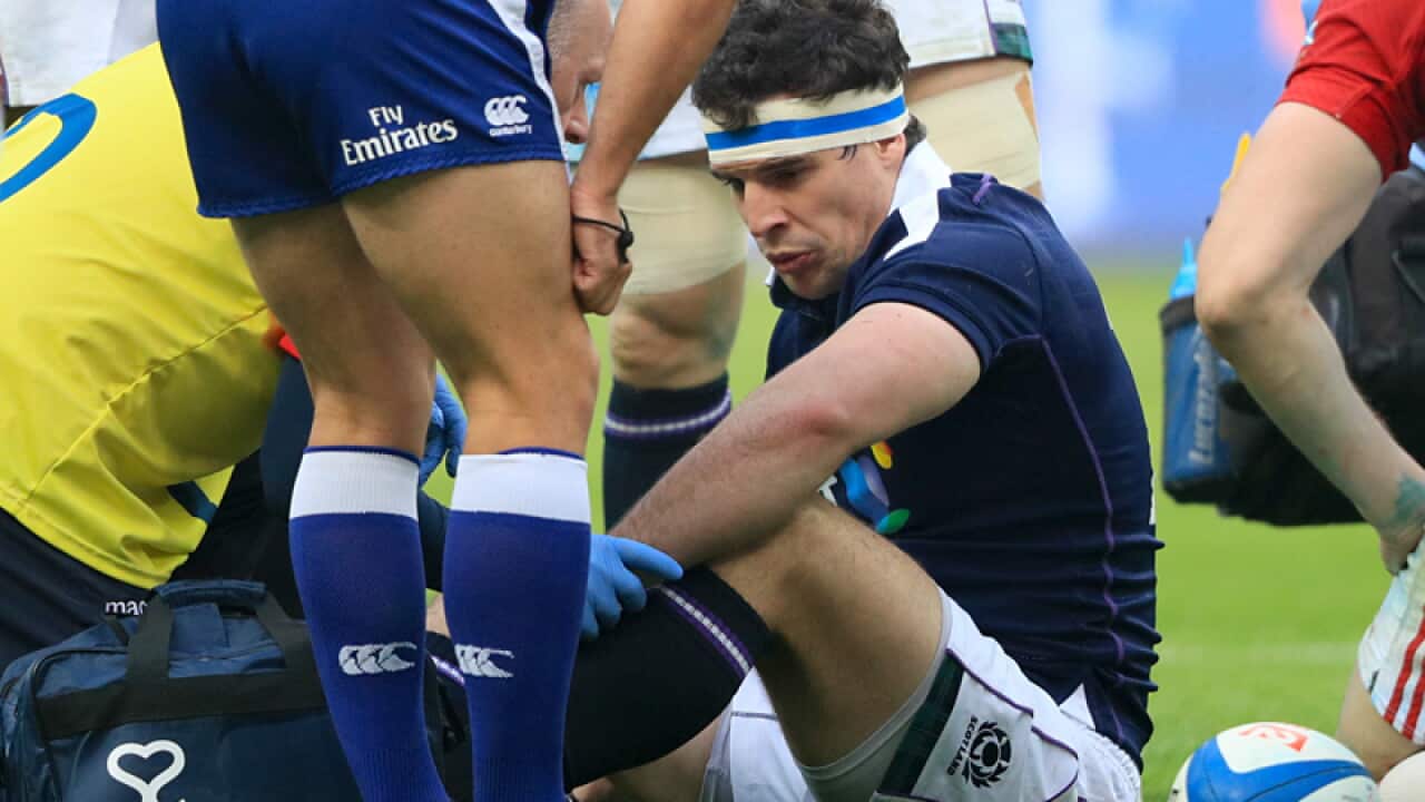 Scotland's John Hardie receives medical attention