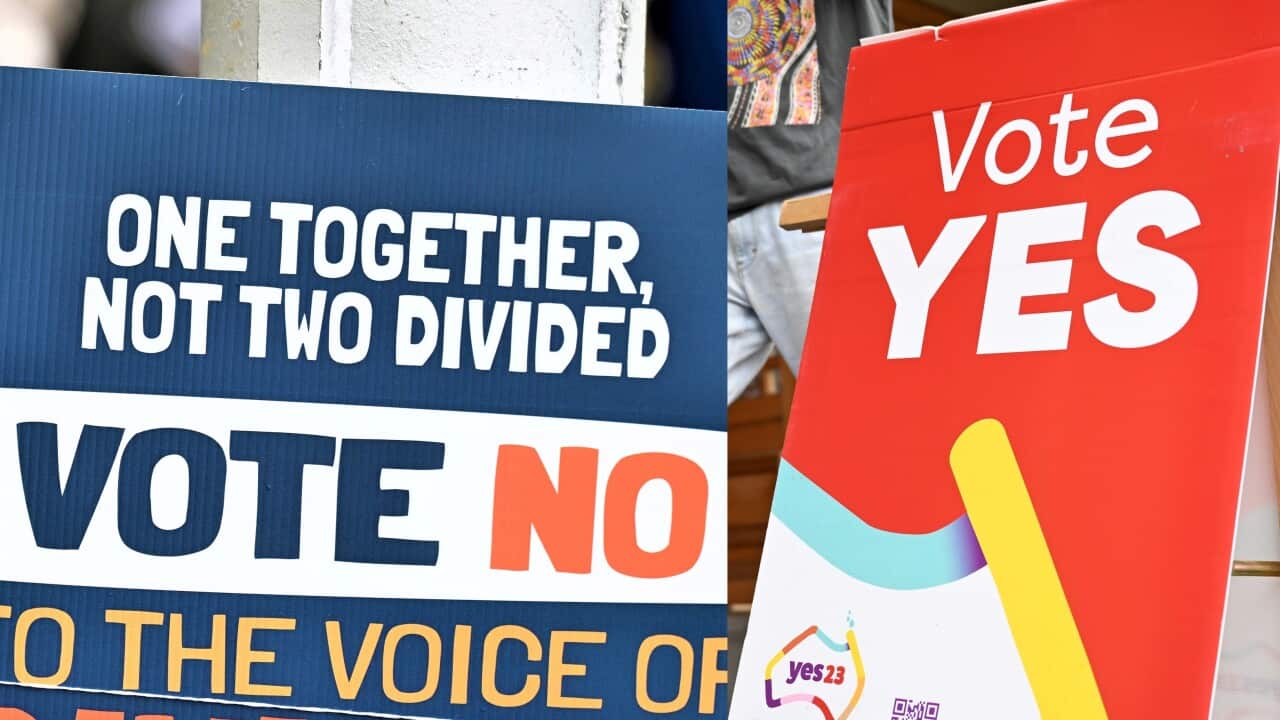 Vote Yes and Vote No signage at an early voting centre for the Indigenous voice to parliament referendum at an early voting centre in Melbourne
