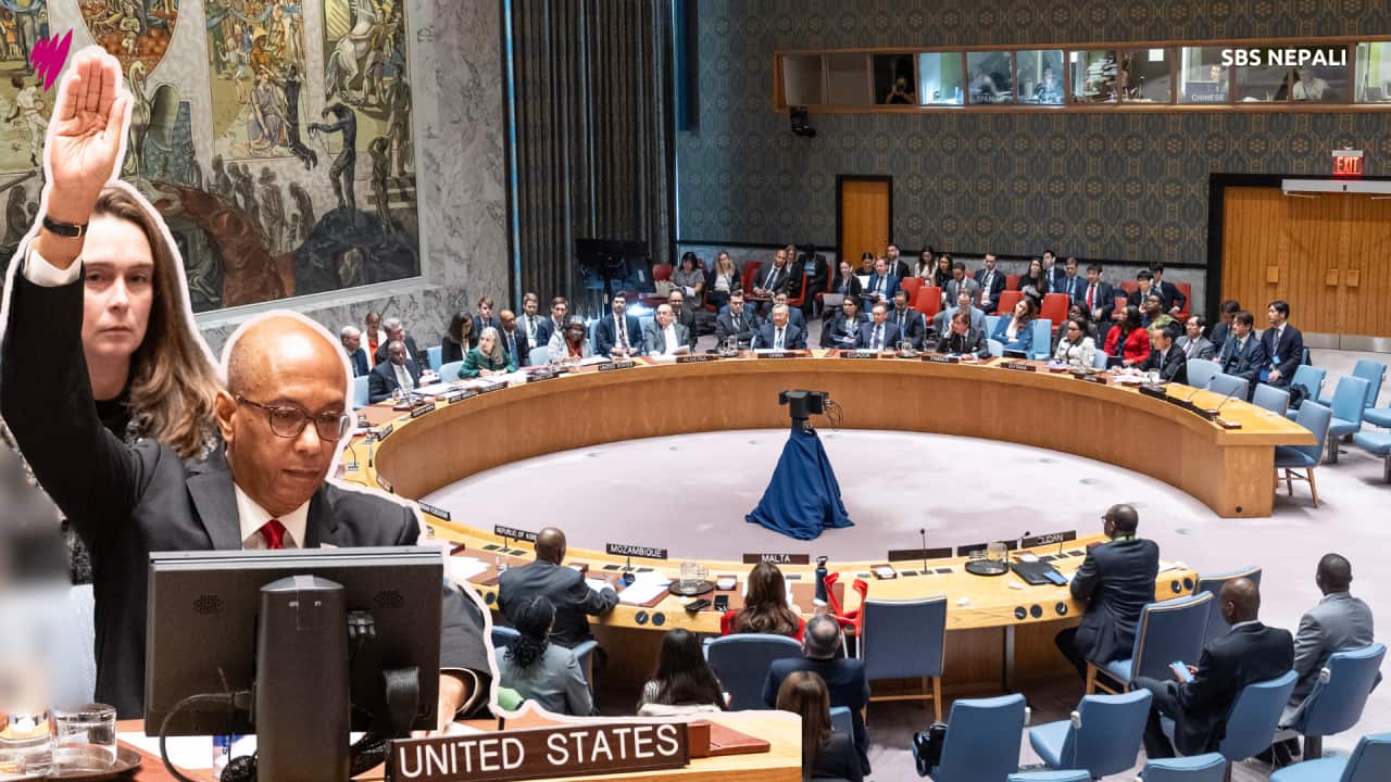 United States Ambassador Robert Wood raised his hands to vote against the United Nations resolution on the war in Gaza.