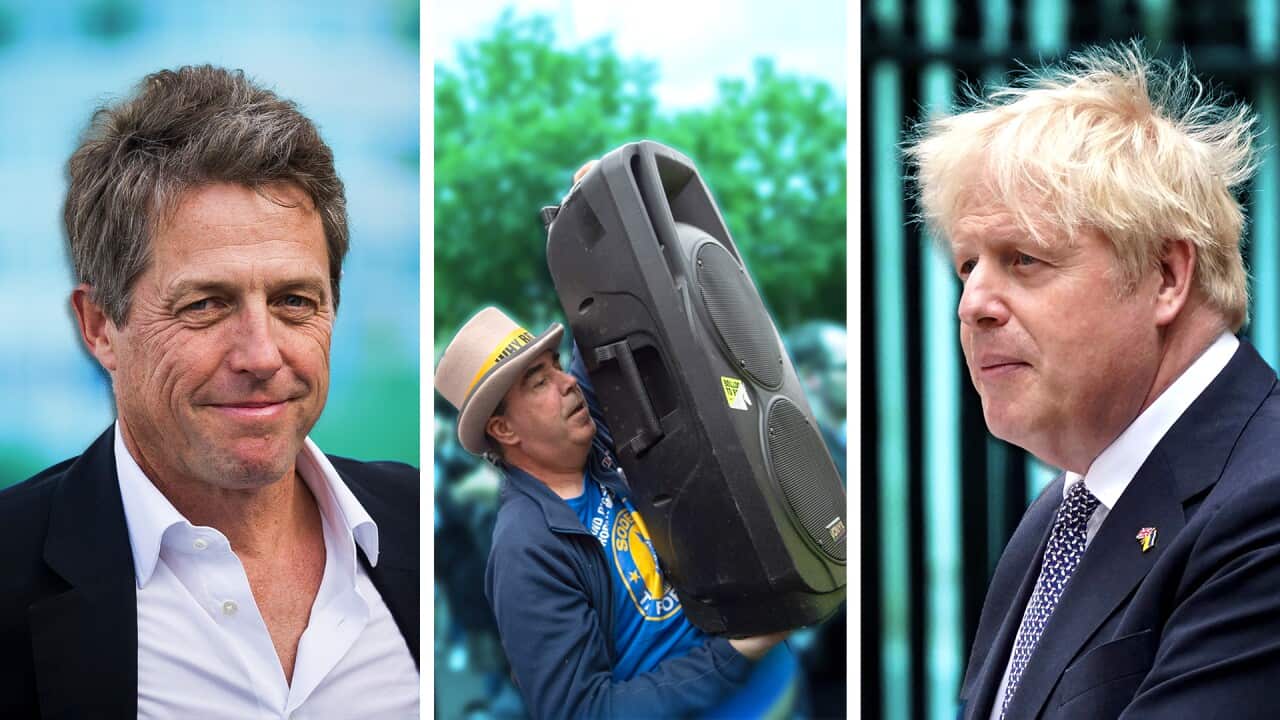 An image of actor High Grant beside an image of a demonstrator with a speaker beside an image of UK PM Boris Johnson.