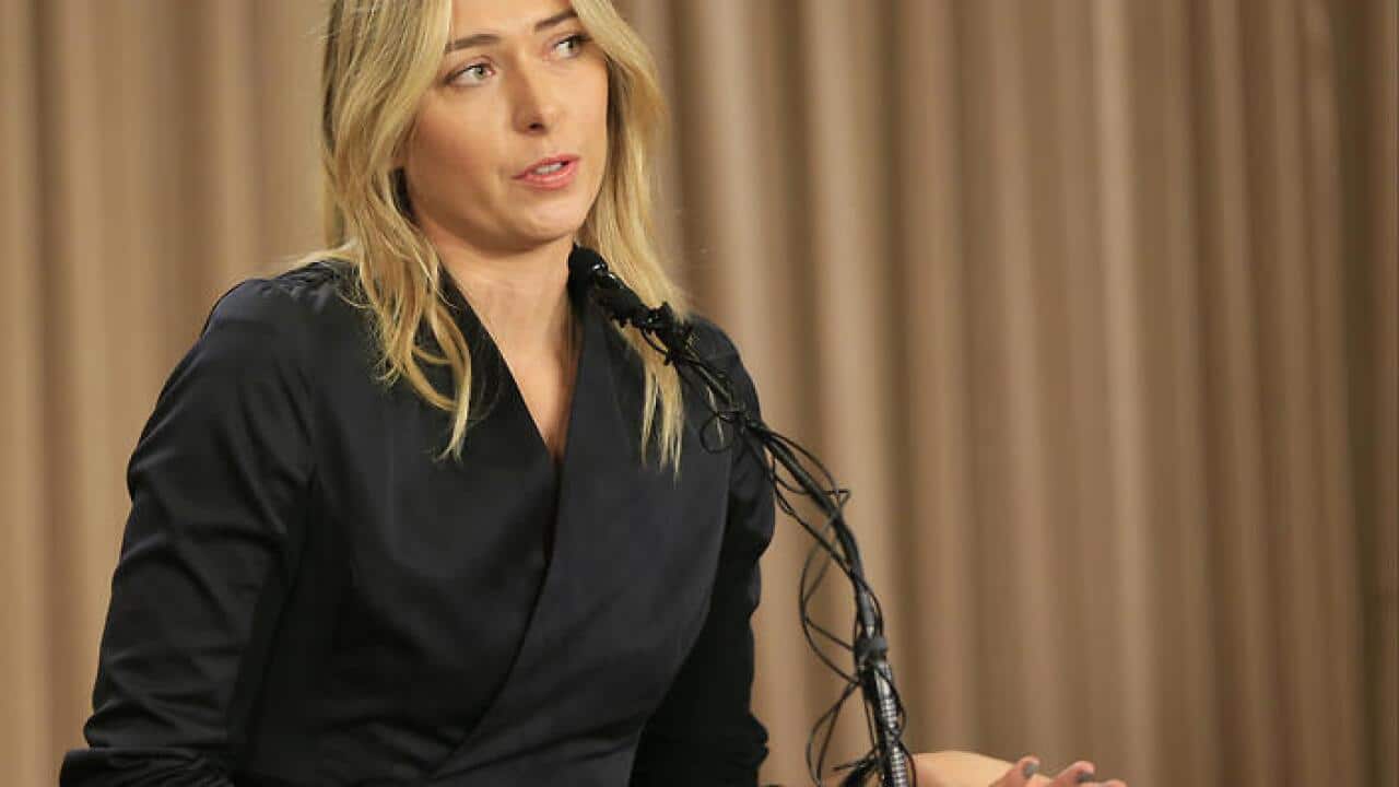 Tennis star Maria Sharapova speaks during a news conference in Los Angeles on Monday, March 7, 2016. (AAP)
