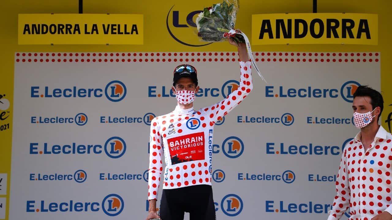 Wouter Poels celebrates in the polka-dot jersey after Stage 15 of the Tour de France