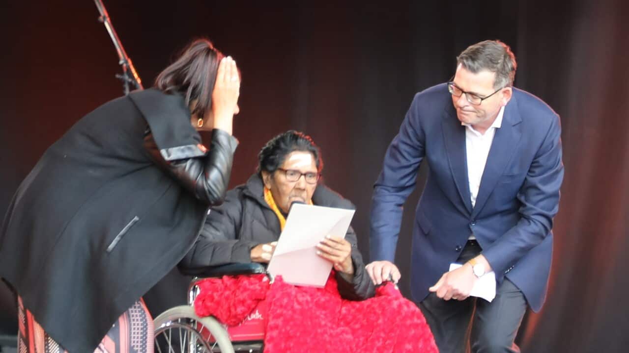 Daniel Andrews presents state apology to Uncle Archie's sister Aunty Myrtle Evans