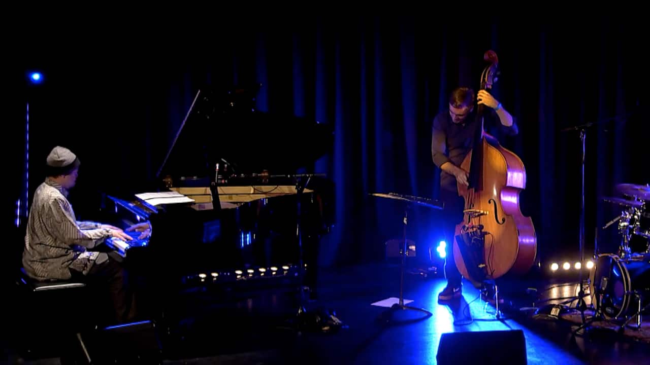 Ade ishs, composer and pianist and bassist David Galea performing at RMIT Kaleide Theatre, 2 Dec 2020.