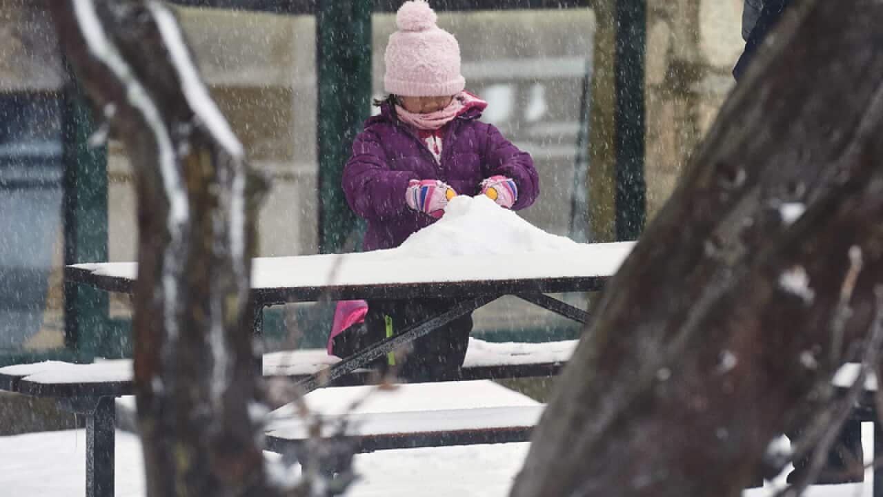 A child plays in snow at Mt Buller resort