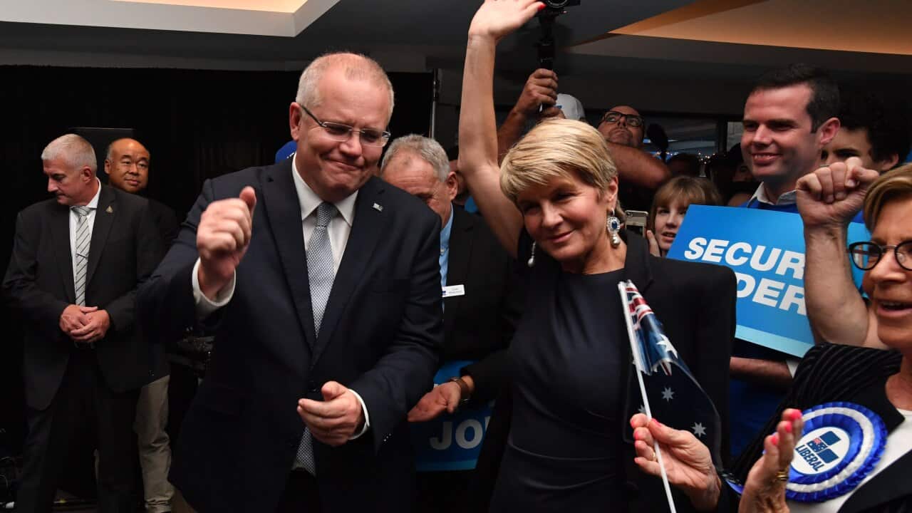 Prime Minister Scott Morrison and former deputy leader Julie Bishop at the West Australian Liberal Party campaign rally in Perth, Monday, May 13, 2019. (AAP Image/Mick Tsikas) NO ARCHIVING