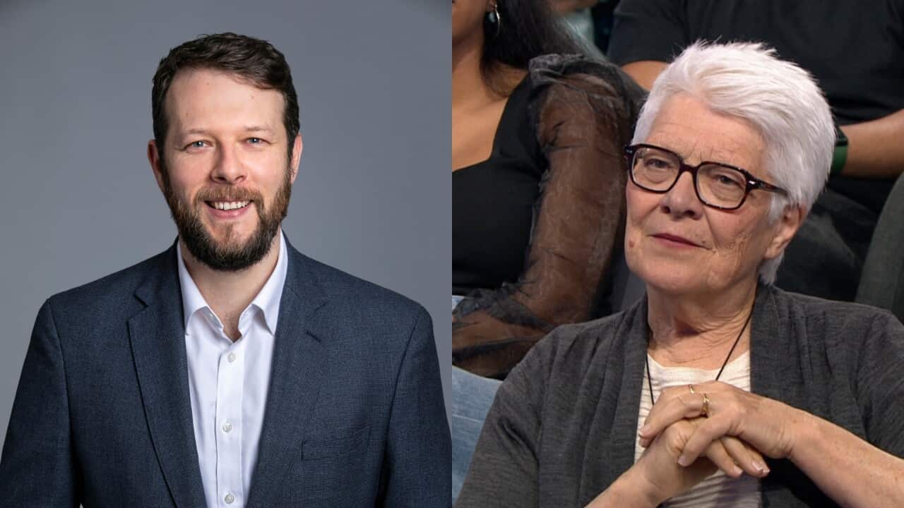 A two-way image of a man in a suit (left) and a mature-aged woman.