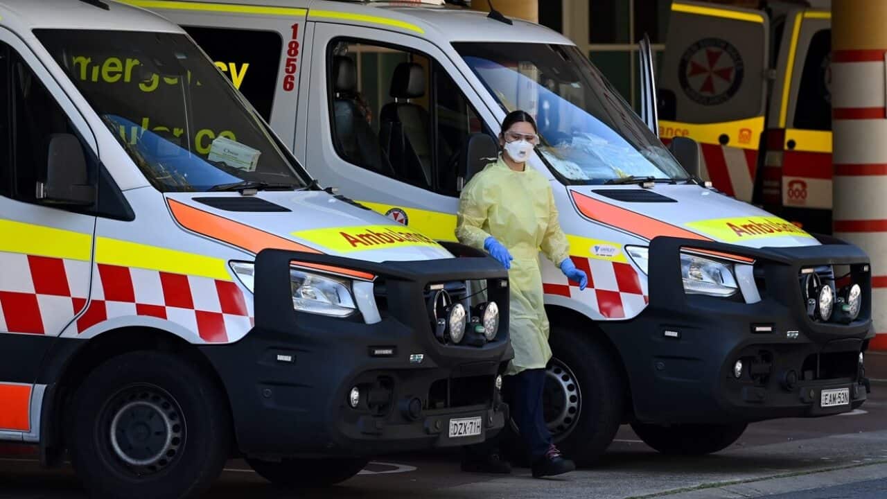 NSW Ambulances park in the receiving bay for the Emergency Department at the Liverpool Hospital in Sydney.