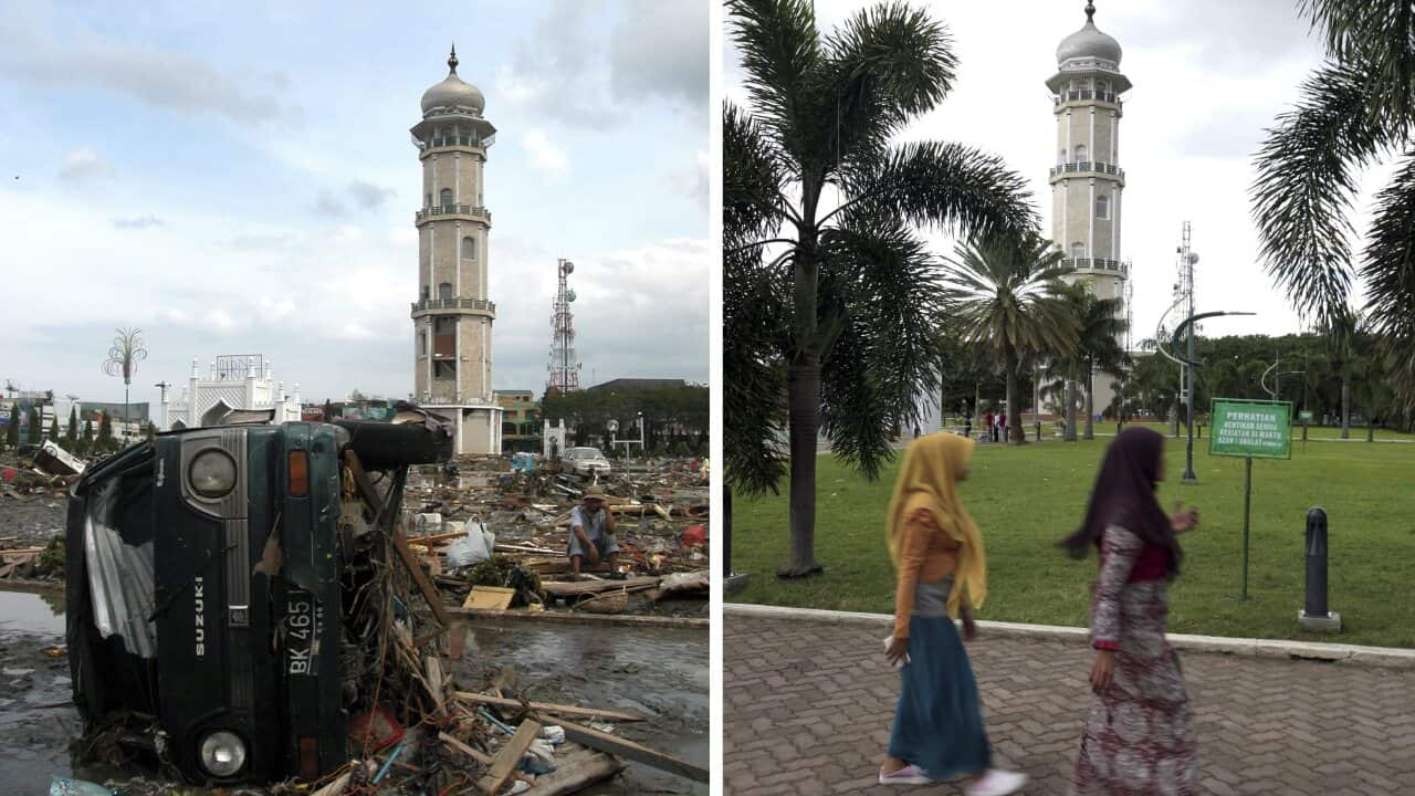 Wreckage before the Baitulrahman Mosque on 26 December 2004 (L), and a view of the same area on 16 December 2014 (R), in Banda Aceh, Indonesia.