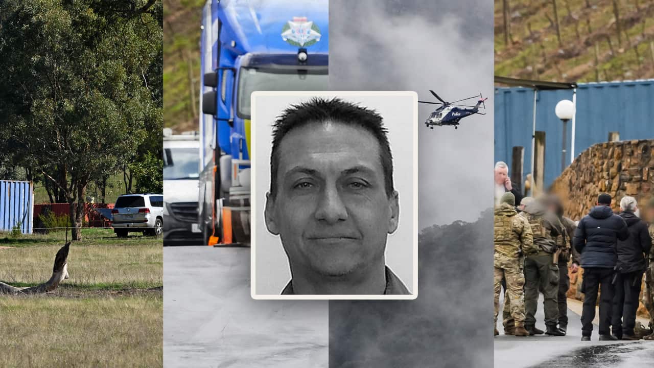 A composite showing a mugshot with other images of police operations, including tactical officers and a police helicopter.