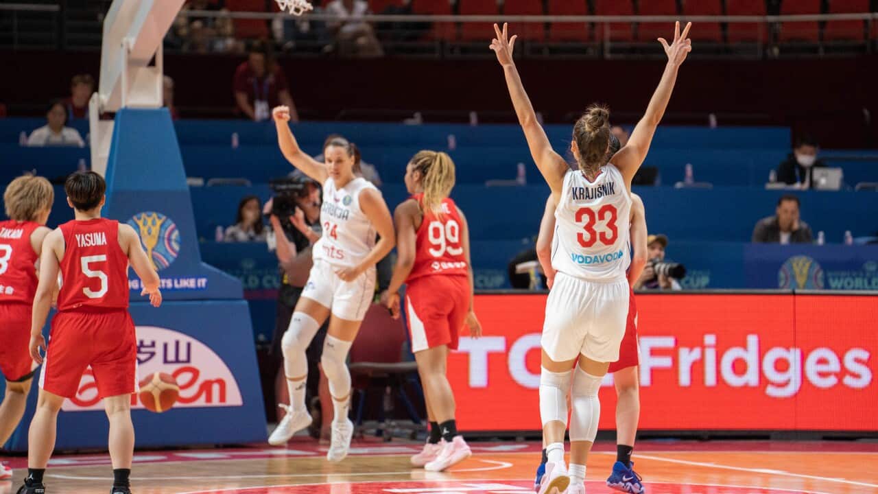 Tina Krajisnik (Serbia) celebrates a three-pointer during the FIBA Womens World Cup 2022 game between Serbia and Japan in Sydney