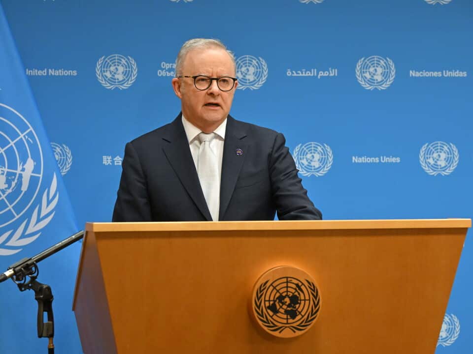 PM Anthony Albanese addresses the press at the UN in New York (AAP).