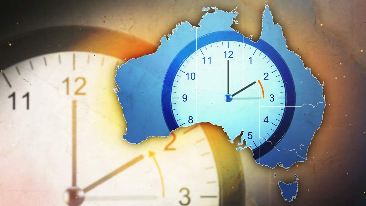 A graphic of a map of Australia with a clock inside it. Plus an even larger part of a clock outside it.