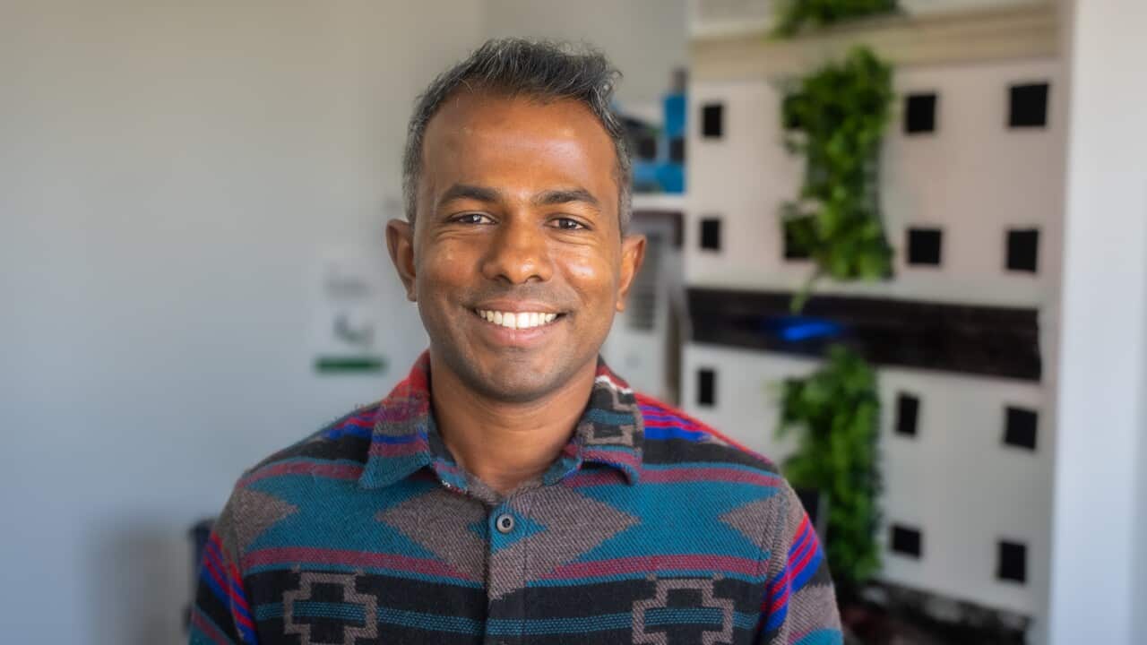 Tech upcycler Sujan Selven at his Sydney workshop (SBS).jpg