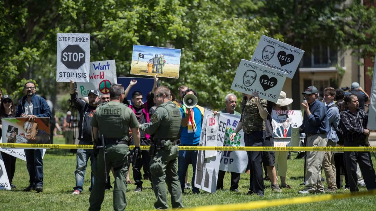Opponents of President of Turkey Recep Tayyip Erdogan rally in Lafayette Park during meetings between Erdogan and US President Donald J. Trump