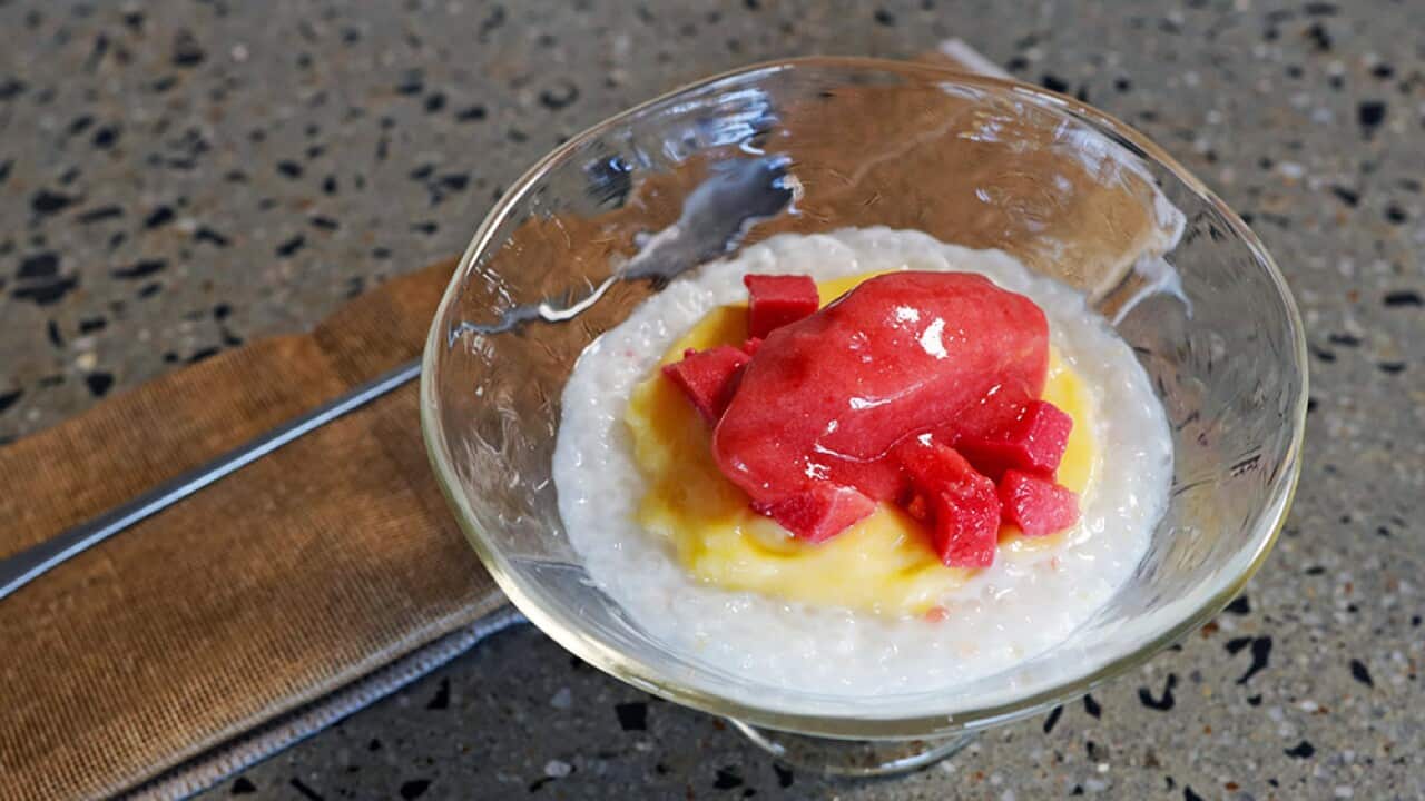 Coconut tapioca cream, lime curd and guava