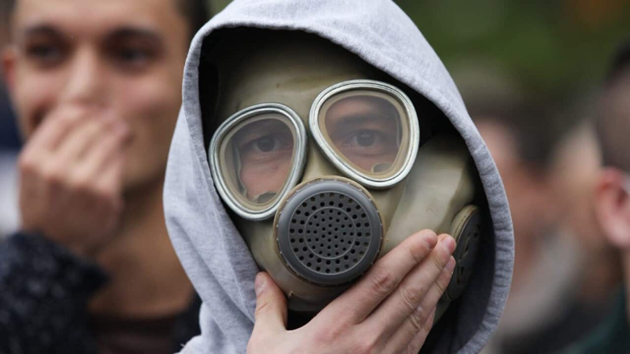 A protester wears a gas mask
