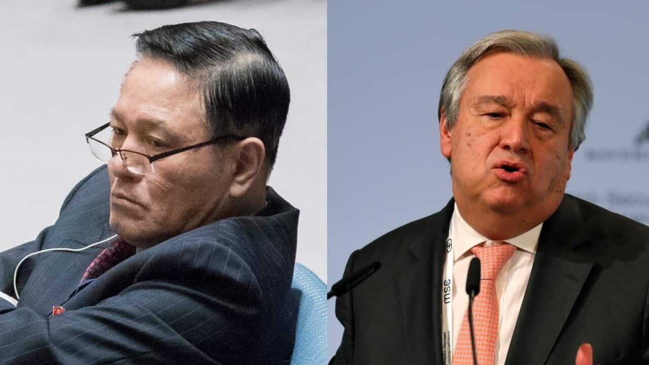 Combo image: North Korean Ambassador to the United Nations Ja Song Nam (L) and UN Secretary-General Antonio Guterres