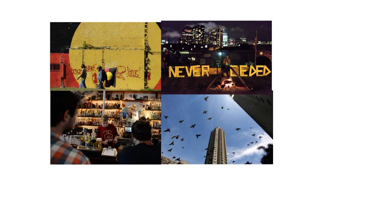 Changing faces of Redfern-Waterloo clockwise from top left: The Block, Tent embassy at The Block, the Waterloo towers and a new small bar. (AAP)