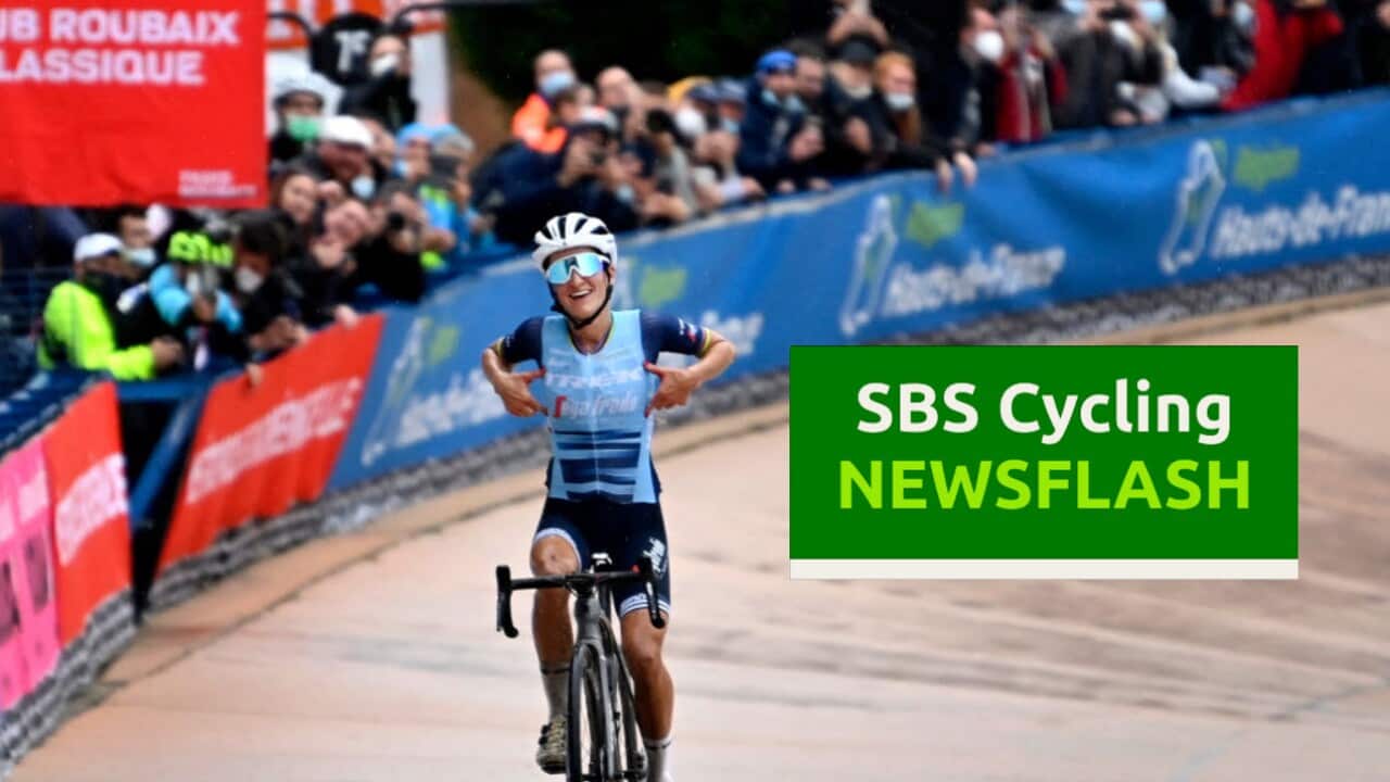 Britain's Elizabeth Lizzie Deignan celebrates as she crosses the finish line to win the first edition of the women elite race of the 'Paris-Roubaix' cycling event, 116,5km from Denain to Roubaix, on October 2, 2021. (Photo by ERIC LALMAND / BELGA / AFP) / Belgium OUT (Photo by ERIC LALMAND/BELGA/AFP via Getty Images)