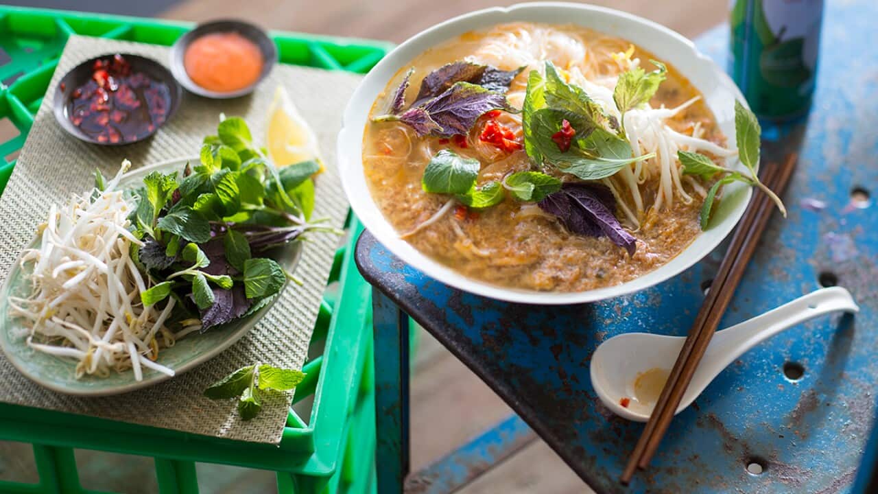 Blue swimmer crab and tomato vermicelli noodle soup