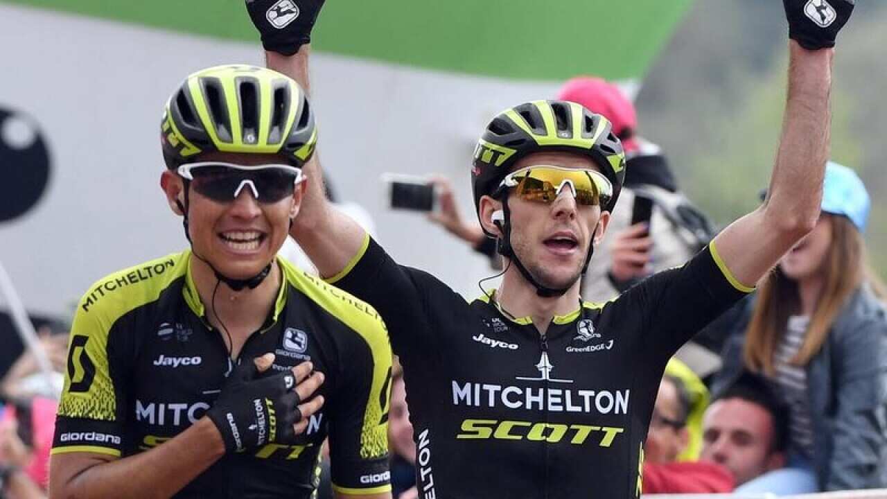 Esteban Chaves (L) and Simon Yates cross the line after stage six.