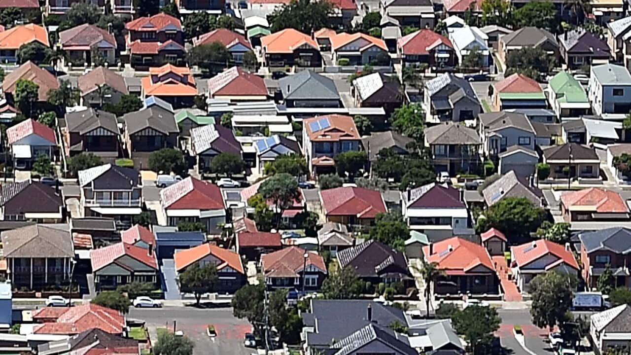 An aerial view of houses.