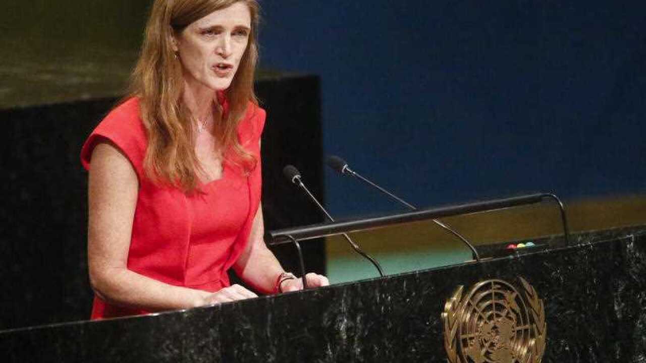US Ambassador to the UN Samantha Power speaks during a meeting of the UN General Assembly.