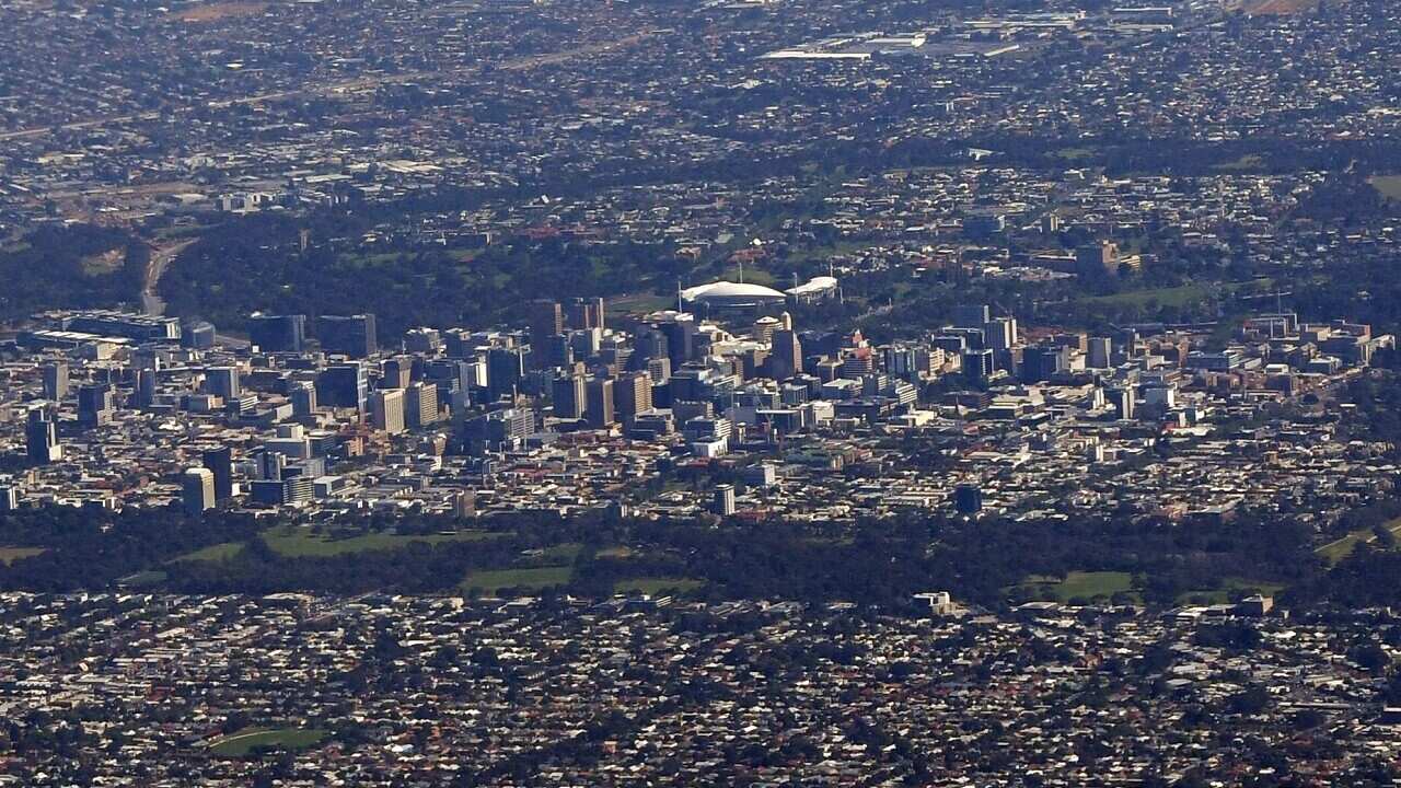 An aerial image of the Adelaide central business district, South Australia.