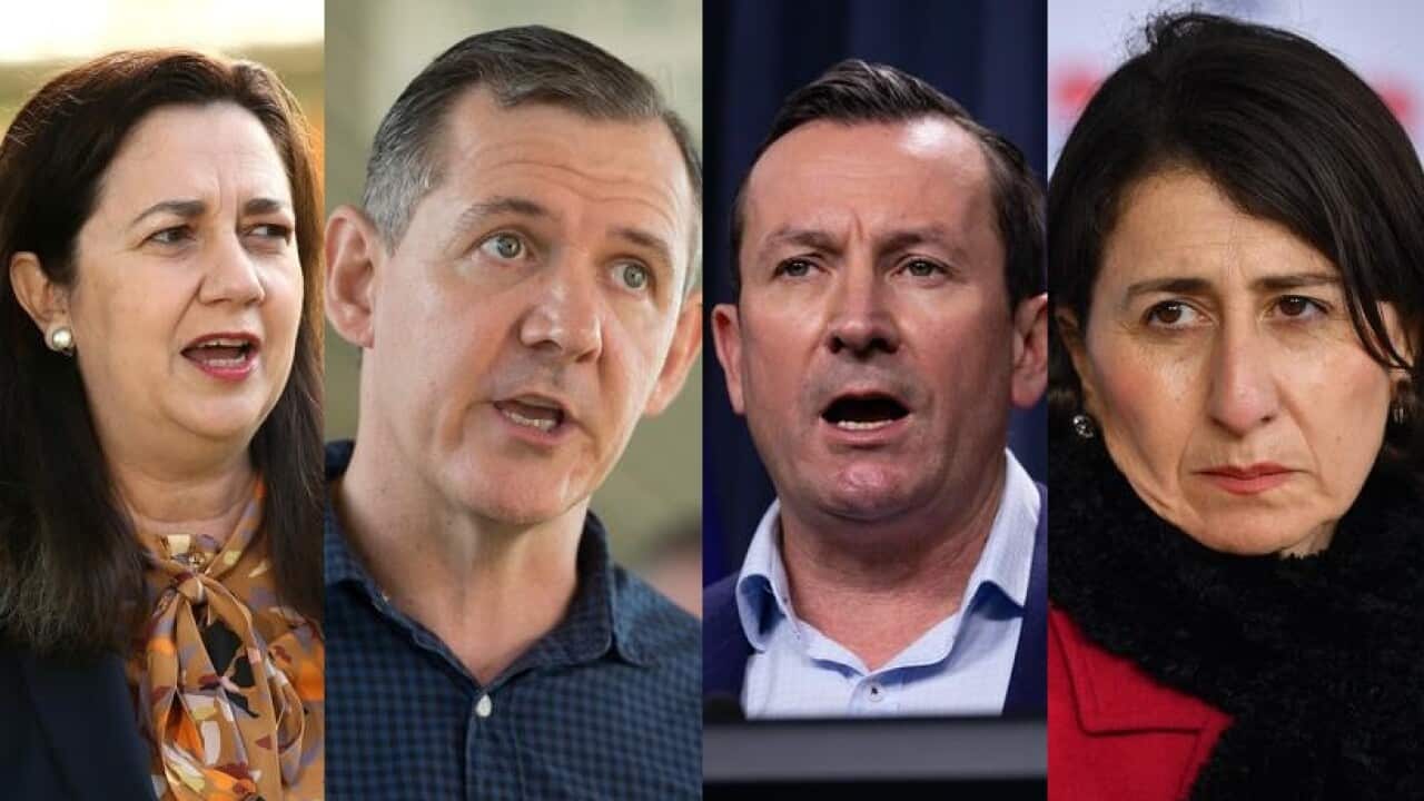 راست به چپ: نخستوزیر نیوساوتولز گلادیس بریجیکلیان، نخستوزیر وسترن آسترالیا مارک مکگون، وزیر ارشد قلمرو شمالی مایکل گانر و نخستوزیر کوینزلند انستیژا پلیشی