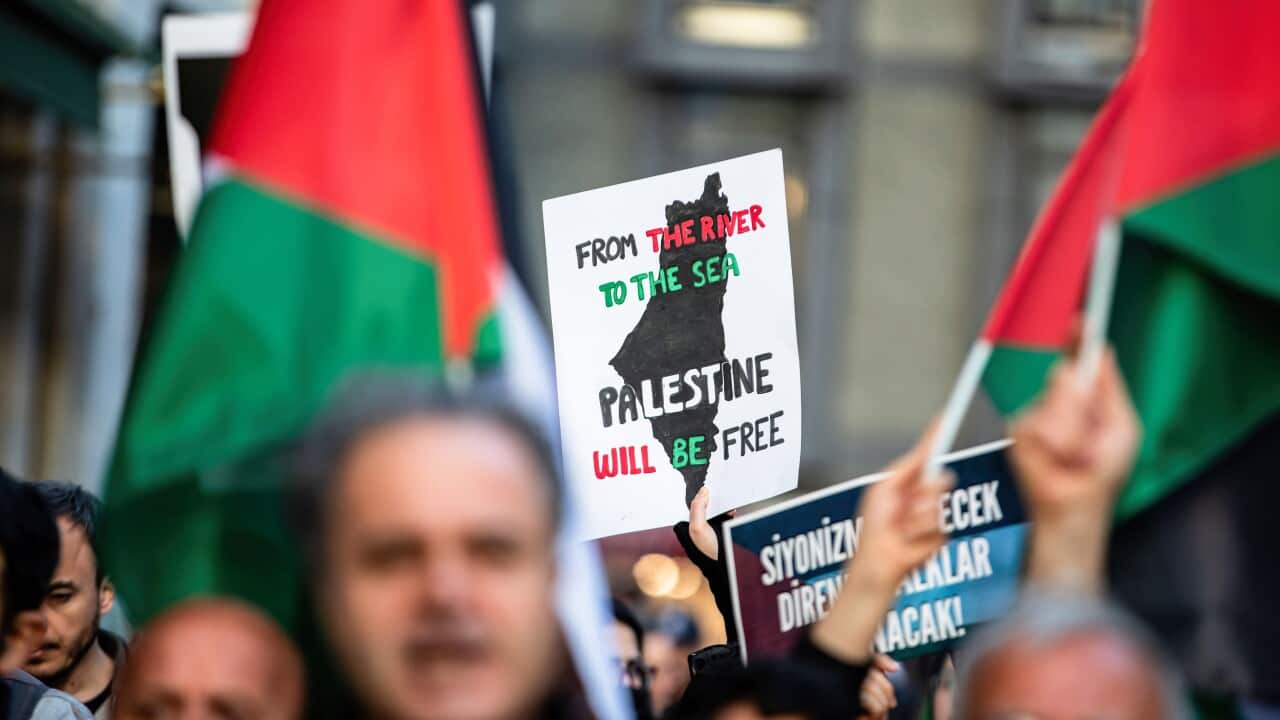 People gather to stage a protest against Israeli attacks on Gaza and to commemorate 76th anniversary of Nakba Day in Istanbul