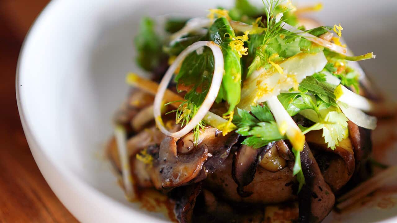 Mushrooms, oomite and burnt butter crumpet