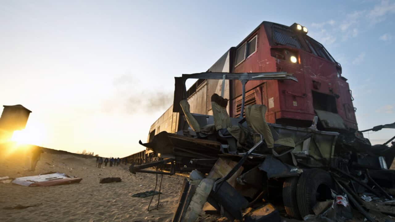 The wreckage of a mini-bus on in Dahshur