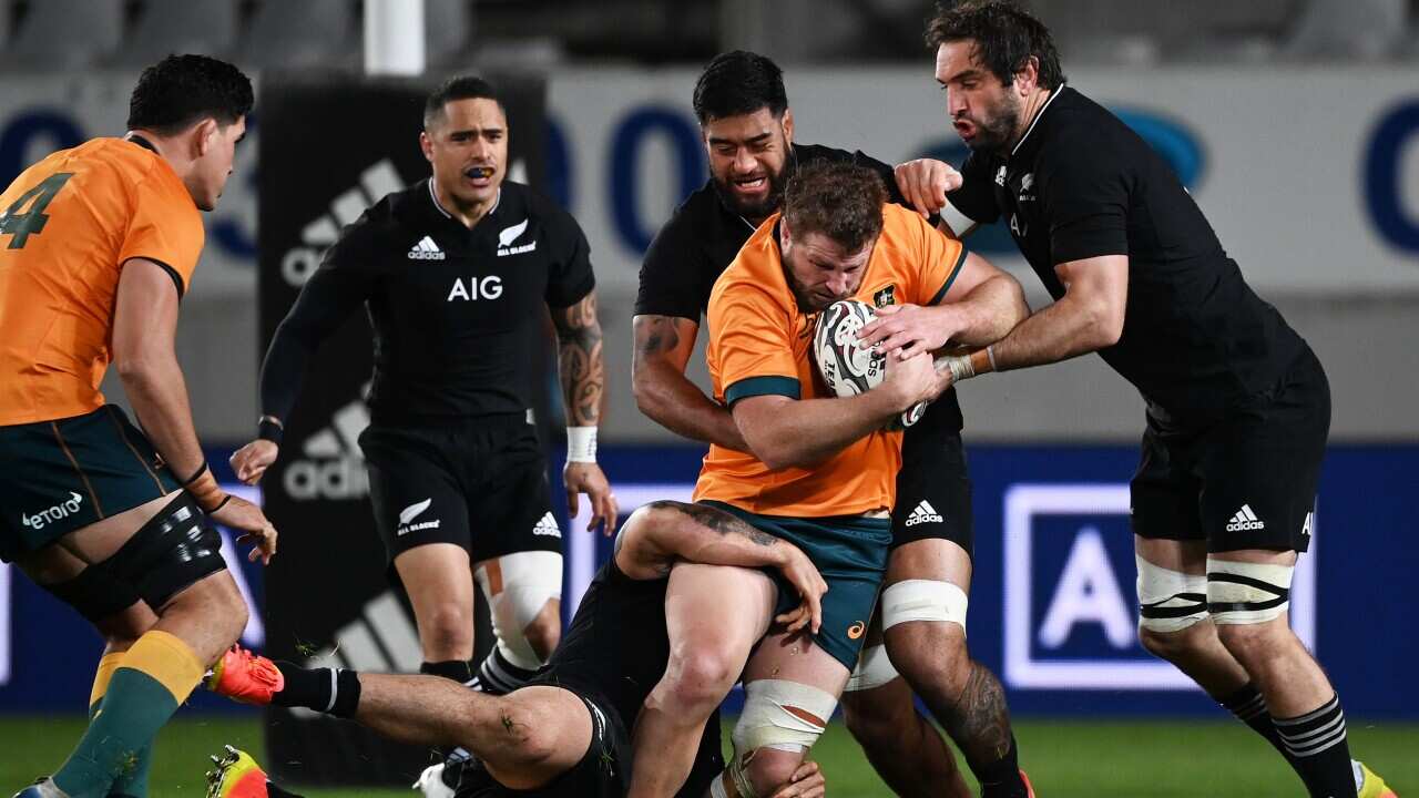 Un'immagine del confronto di Auckland nel quale la Nuova Zelanda ha battuto di 35 punti l'Australia, aggiudicandosi la Bledisloe Cup