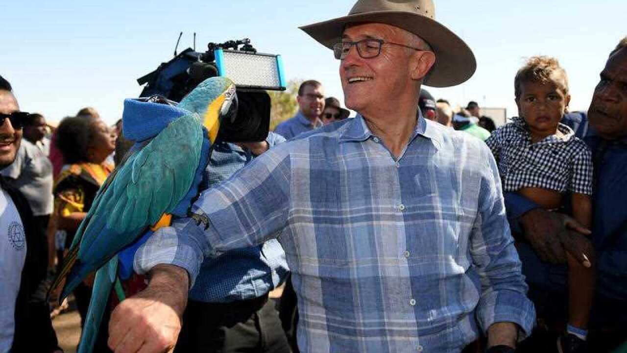 Prime Minister Malcolm Turnbull poses for a photograph with a parrot as he arrives at Tennant Creek airport, in the Northern Territory
