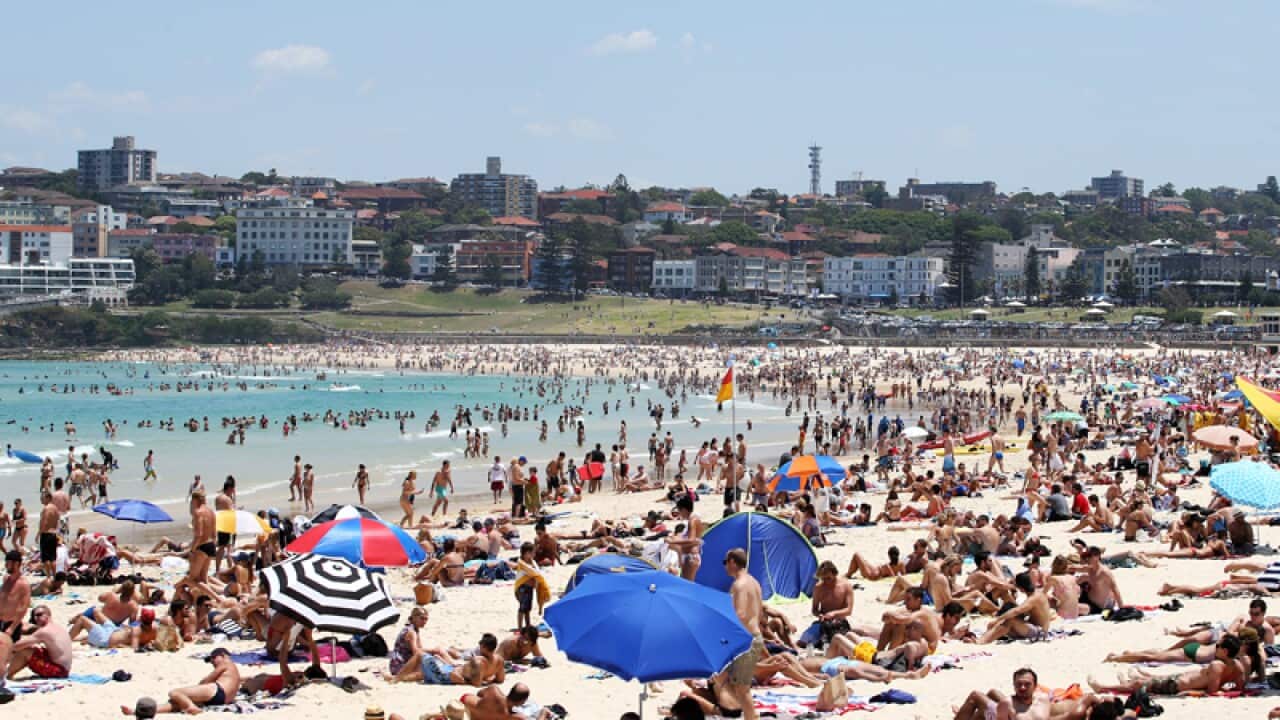 People sun bake at Bondi Beach in Sydney.