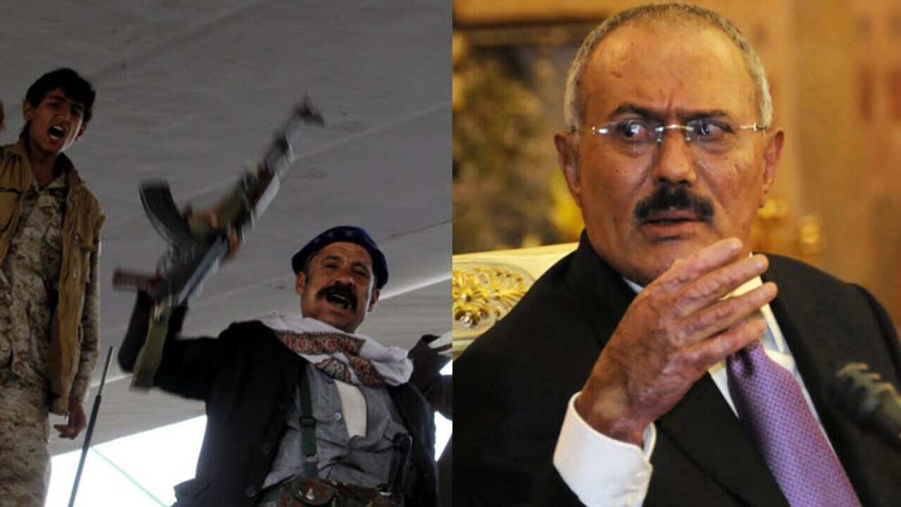 Huthi rebels (L) celebrating after the killing Yemen's ex-president Ali Abdullah Saleh