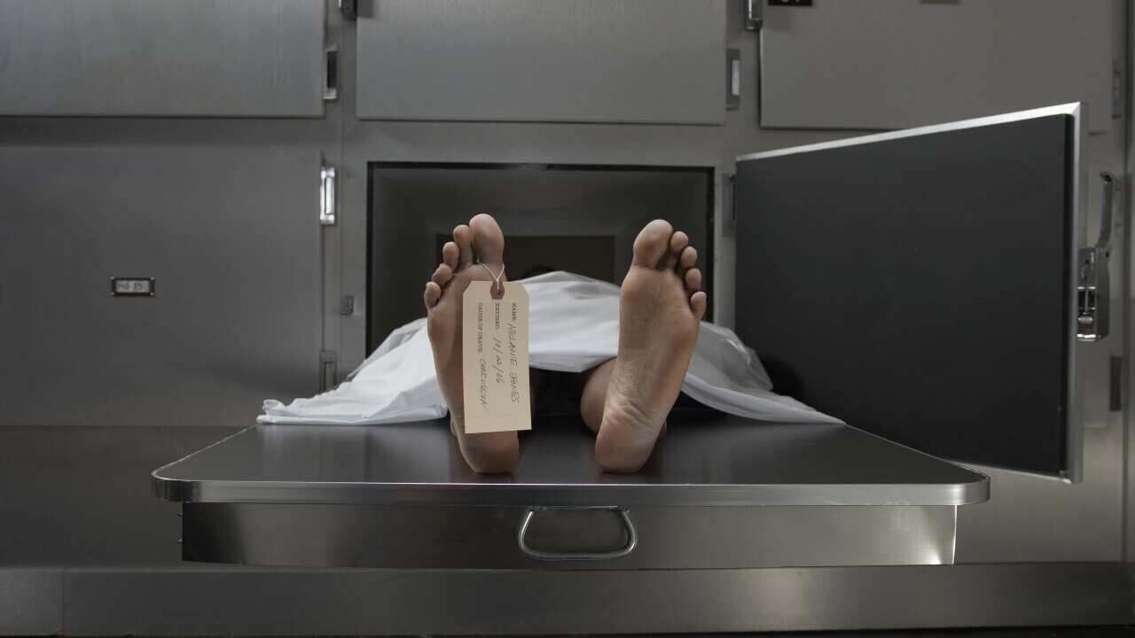 Cadaver on autopsy table, label tied to toe