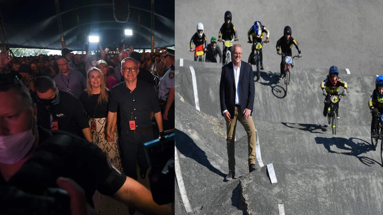 Prime Minister Scott Morrison visits Wanneroo BMX Club on Day 8 of the 2022 federal election campaign, in Perth, in the Division of Pearce. (AAP) Opposition Leader Anthony Albanese at the Byron Bay Bluesfest on Day 7 of the 2022 federal election campaign