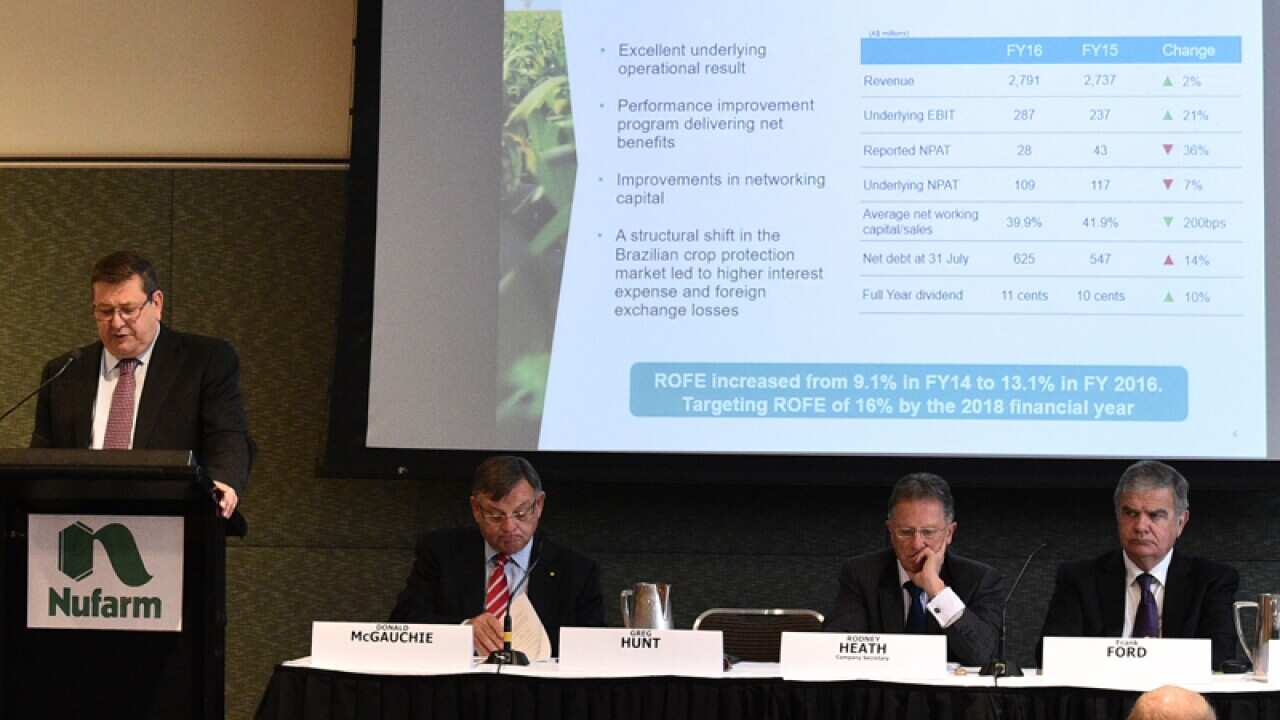 Nufarm CEO Greg Hunt speaks at the company's AGM