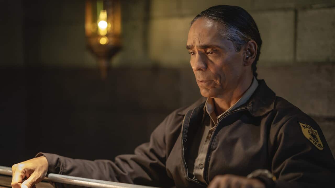 Zahn McClarnon as Joe Leaphorn in Dark Winds season 3.