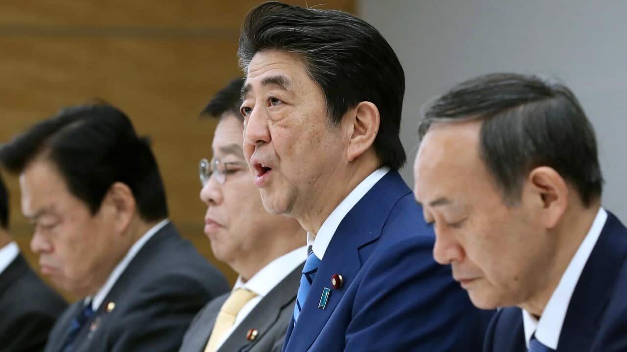 Prime Minister Shinzo Abe speaks during a meeting of a task force to control the coronavirus outbreak.