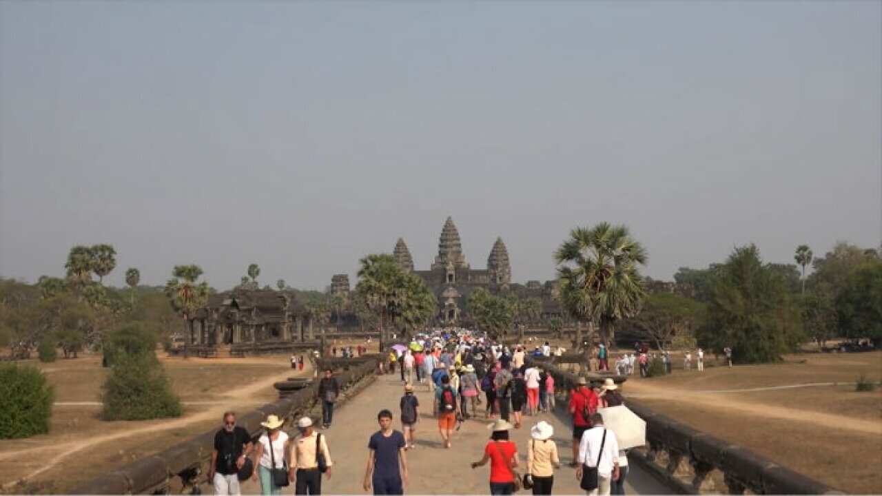 Tourists visit Angkor Wat Temple, Siem Reap, Cambodia