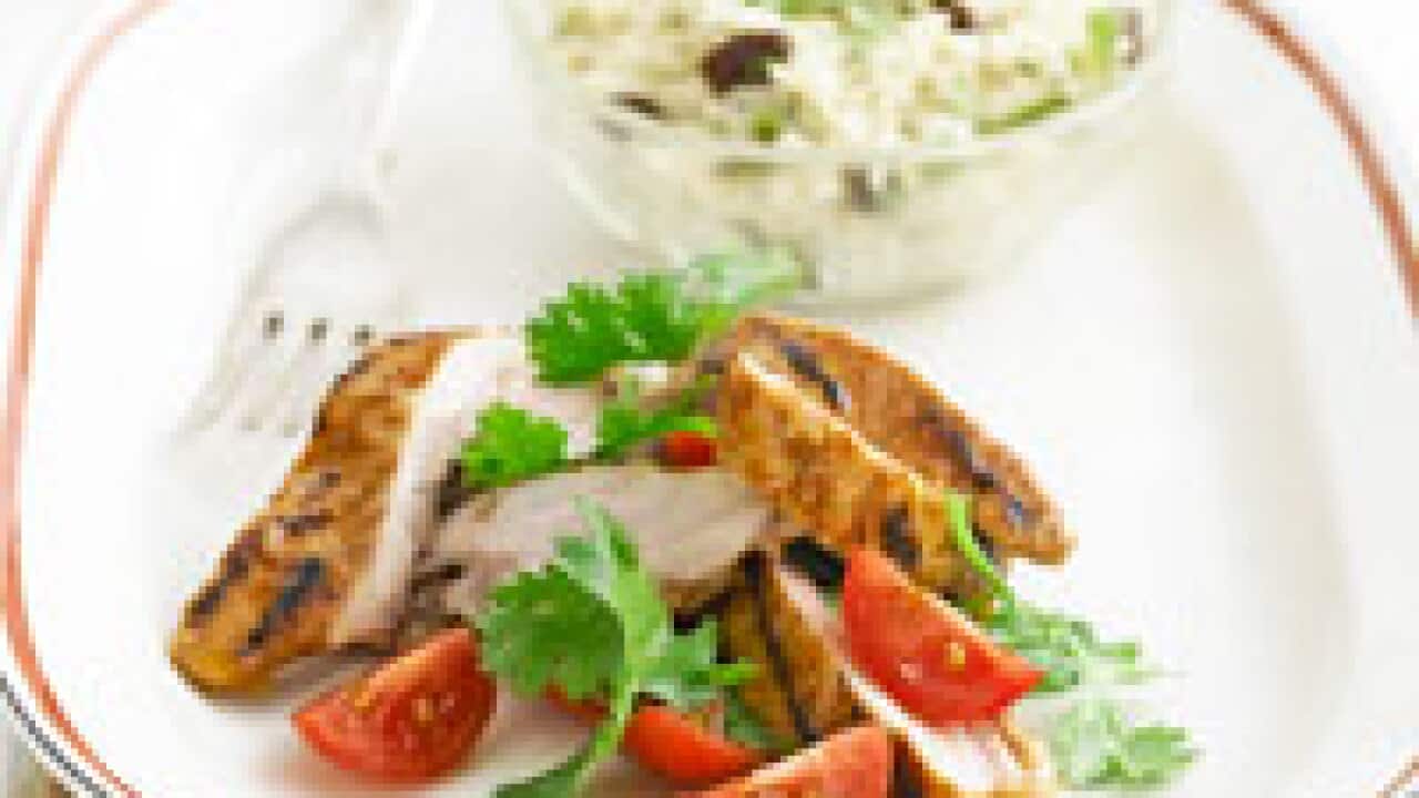 Grilled paprika chicken with raisin and coriander pilaf