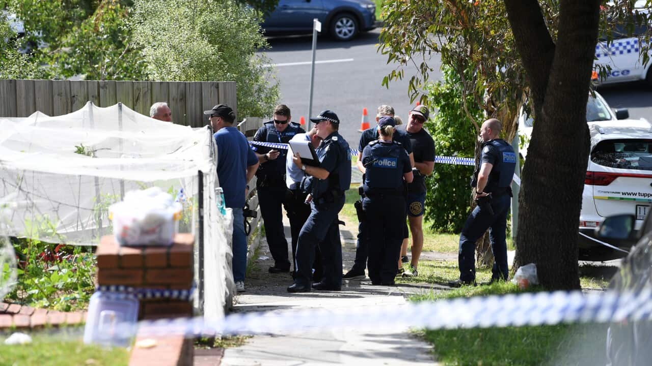 Victoria Police outside the property in Doncaster East, Melbourne.