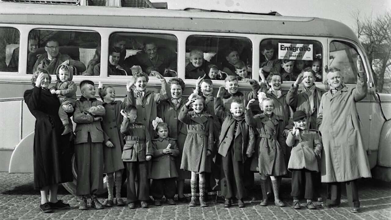 Dutch family Verdonck is waving goodbye to their village Valkenswaard, because of their immigration to Australia (1955)