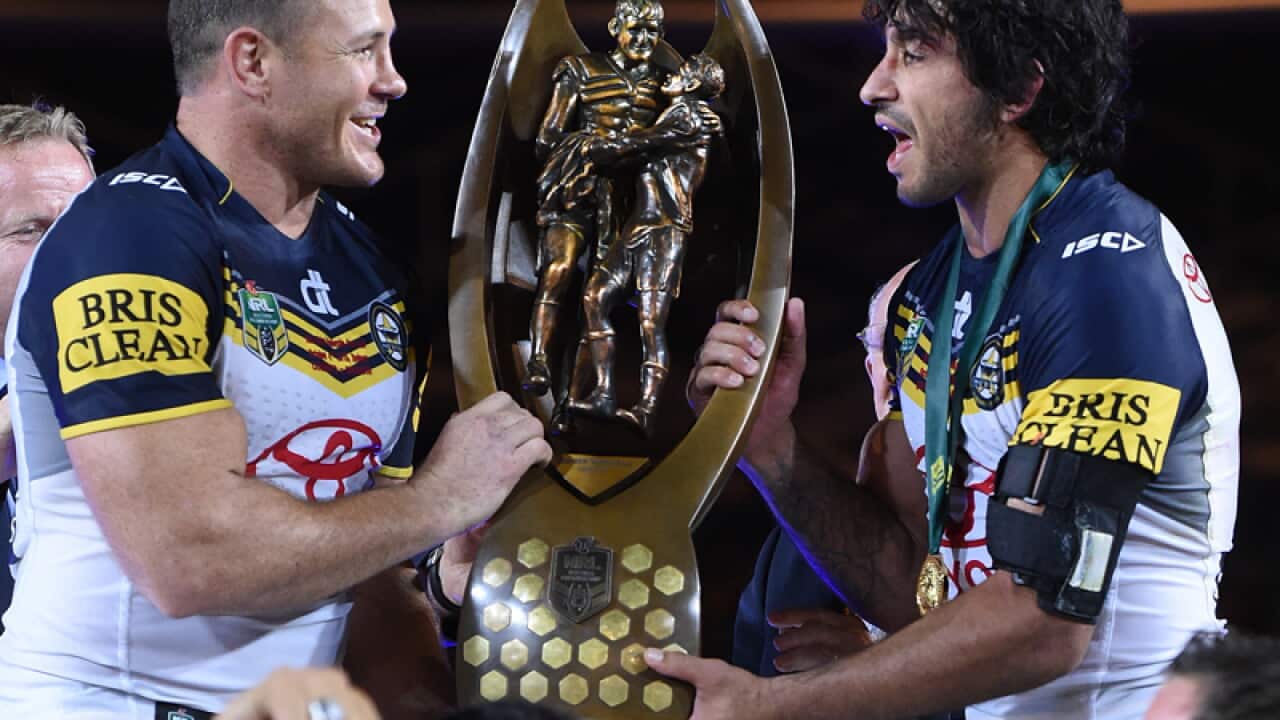 North Queensland Cowboys captains with the NRL Premiership trophy