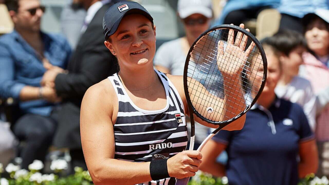 Ashleigh Barty acknowledges the fans after winning in her ladies singles quarter-final match against Madison Keys (USA) at the 2019 French Open at Roland Garros, France