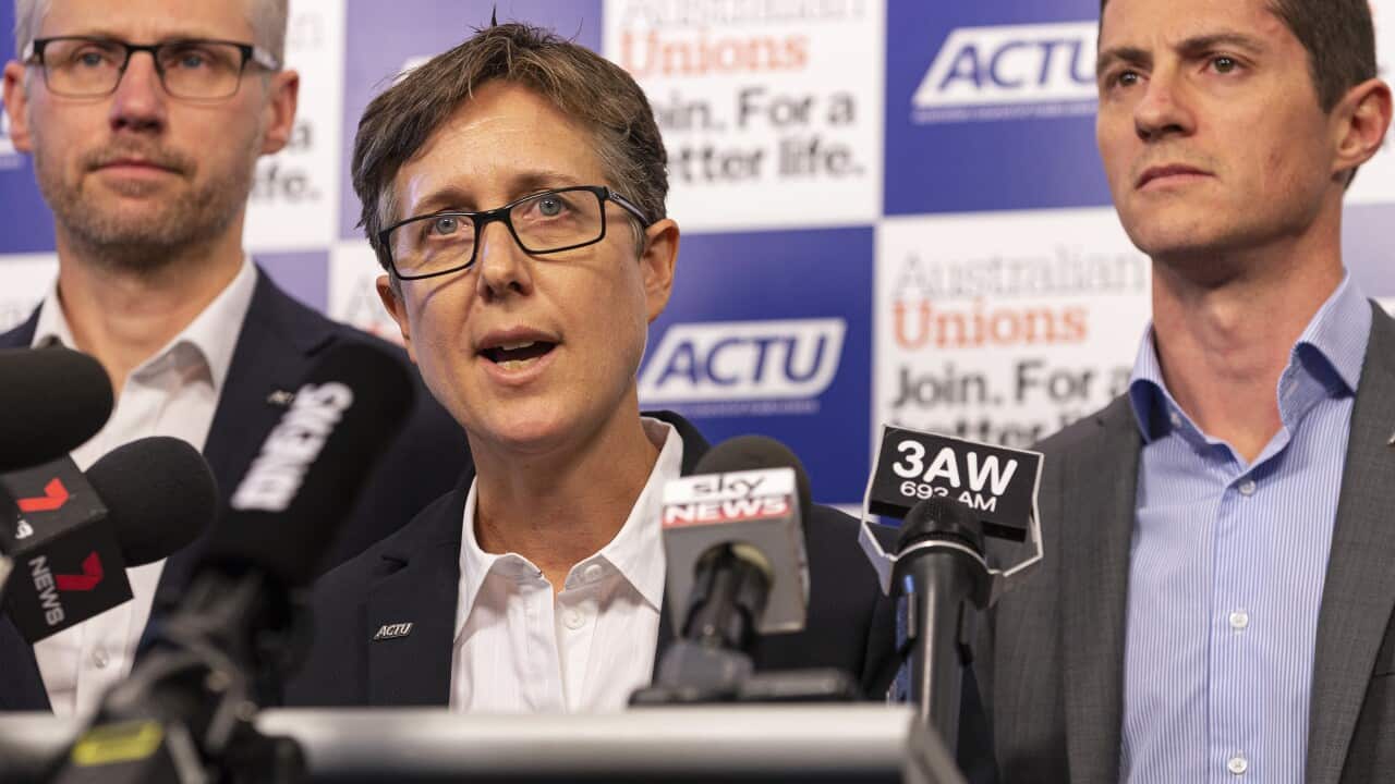 ACTU secretary Sally McManus speaks to the media during a press conference at the ACTU building in Melbourne, Thursday, June 13, 2019. (AAP Image/Daniel Pockett) NO ARCHIVING