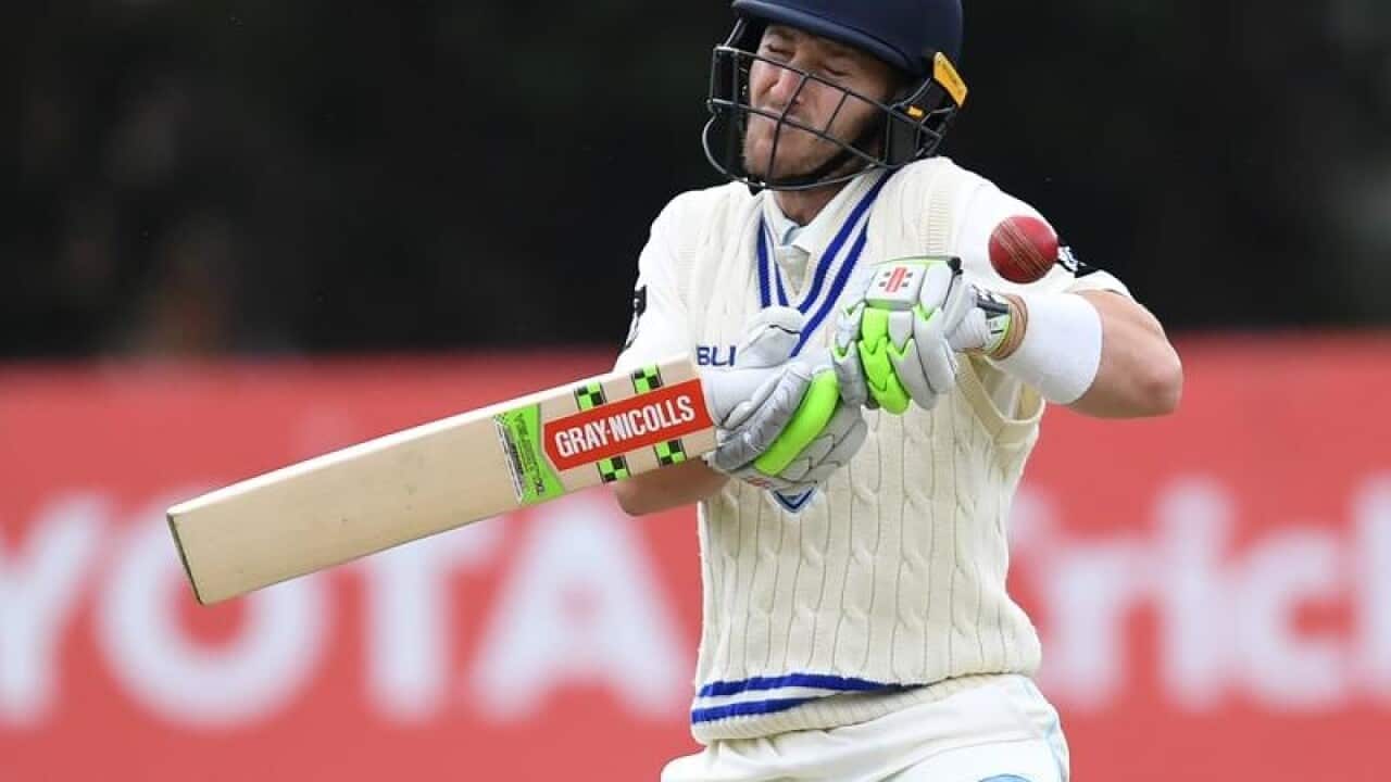 Peter Nevill of NSW reacts as he is hit by the ball during day 1.